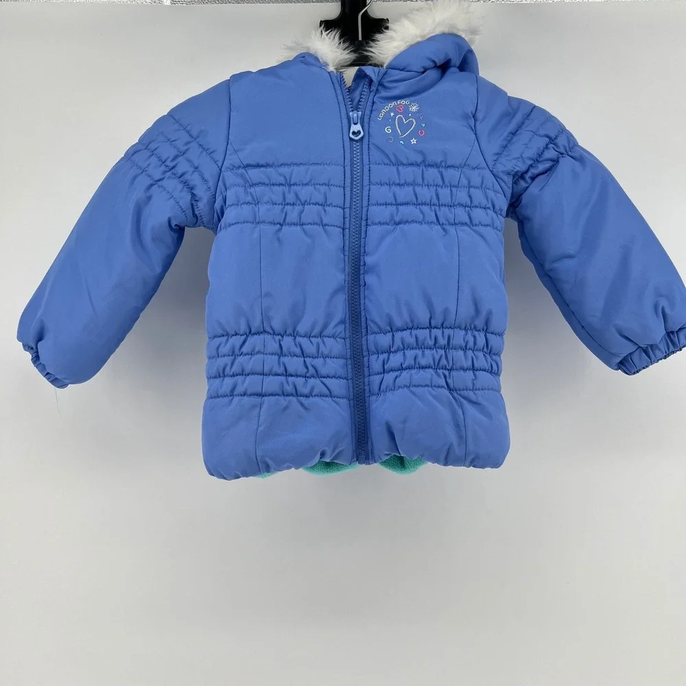 London Fog Kids Puffer Coat Jacket S/4 Blue Faux Fur Hood‎ Embroidered Hearts